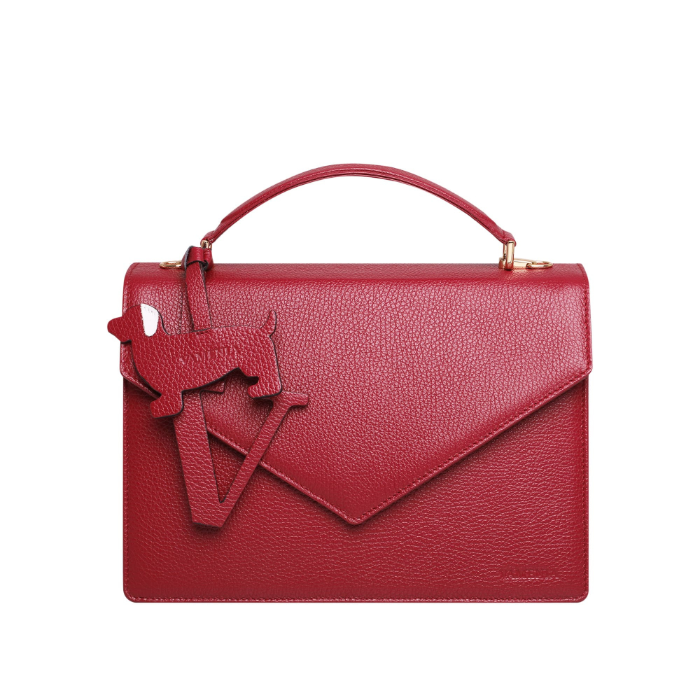 Handle Bag with shoulder strap made of calfskin wine red